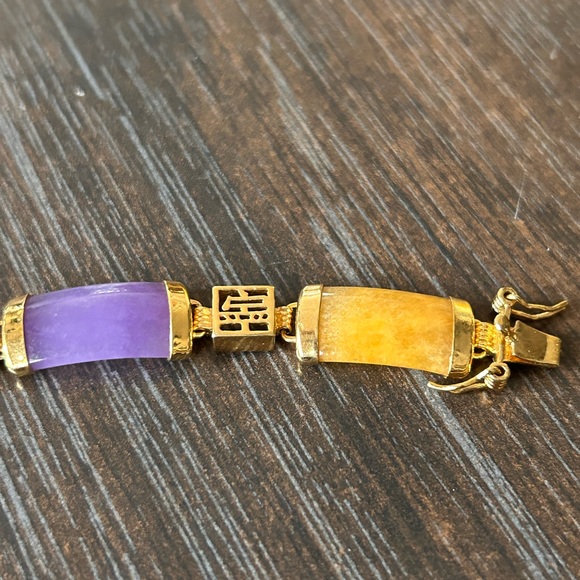 Vintage 60βs multicolored, jade bracelet, set in gold overlay - Picture 6 of 17